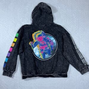 Hyper Space Men's Large Black Acid Wash Pullover Hoodie NASA Astronaut Graphic